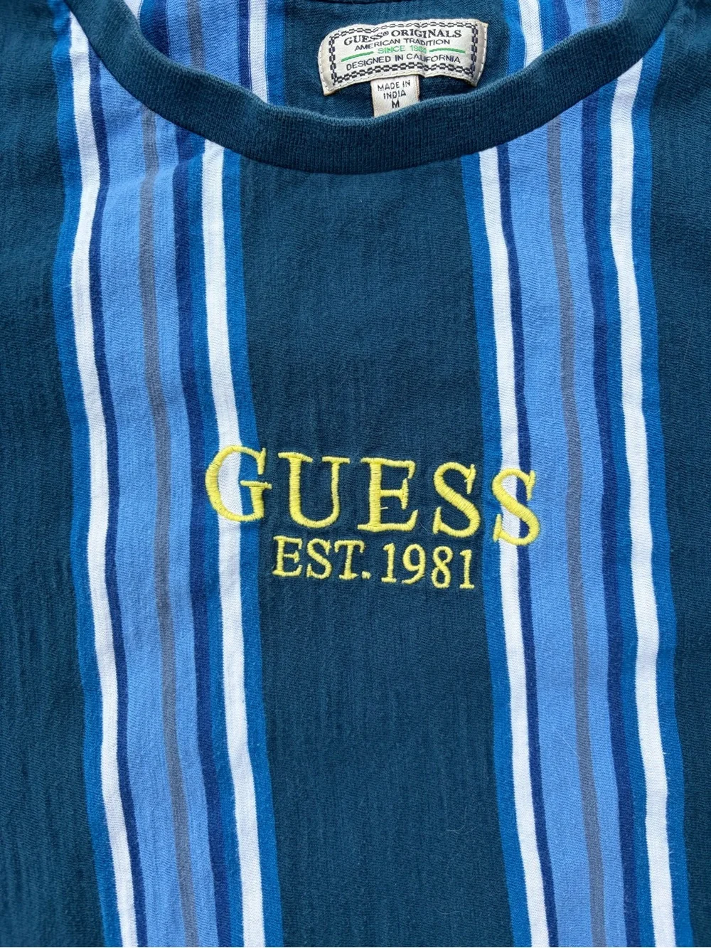 VINTAGE Guess Shirt Adult Medium Blue Striped Crew Neck Hip Hop Streetwear Y2K - Picture 8 of 13